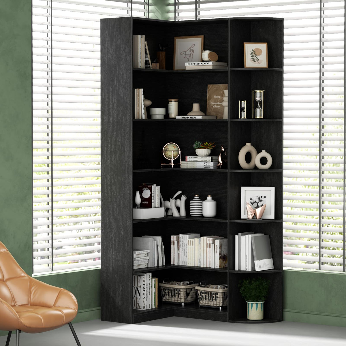 Black 6 Tiers L-Shaped Book Shelf T49575