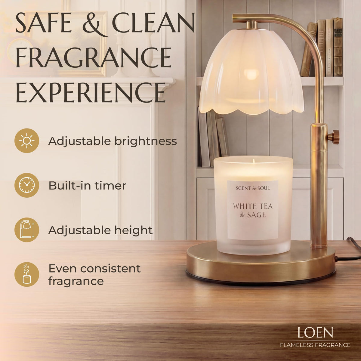 Scalloped Glass Candle Warmer Lamp with Timer, Dimmable, Adjustable Height, Gold Metal, Green N3758