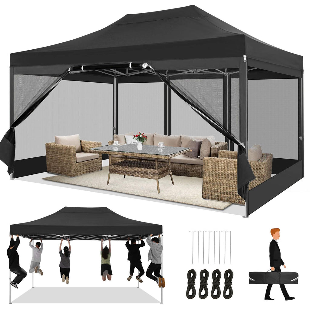 10x15 Heavy Duty Pop Up Canopy with 4 Mosquito Net Sidewalls, Black R1690