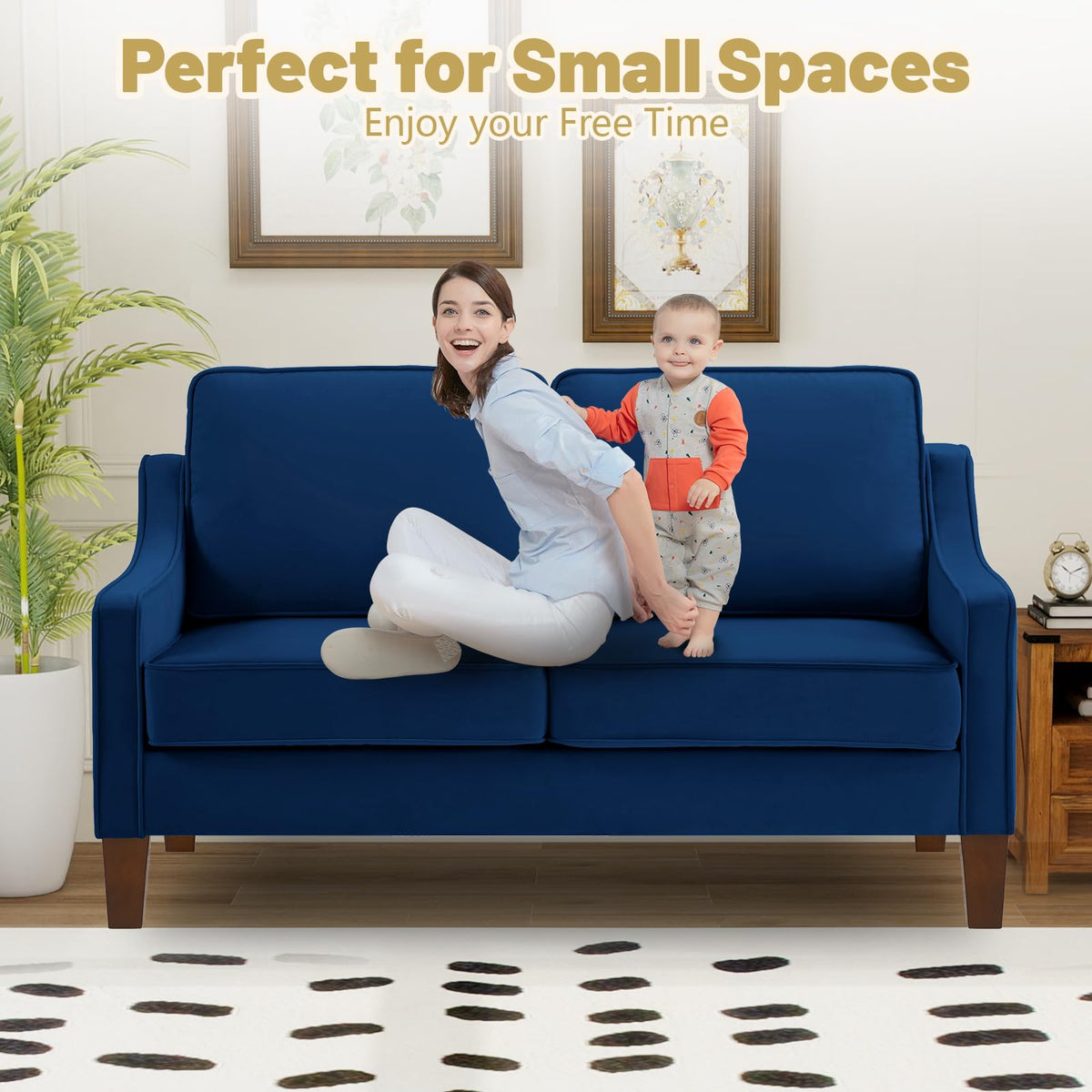Navy Velvet 2 Seat Loveseat Sofa with Wooden Legs L999