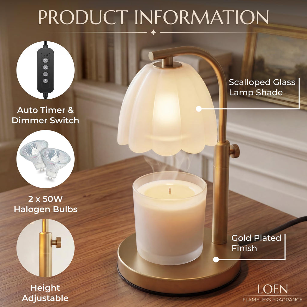 Scalloped Glass Candle Warmer Lamp with Timer, Dimmable, Adjustable Height, Gold Metal, Green N3758