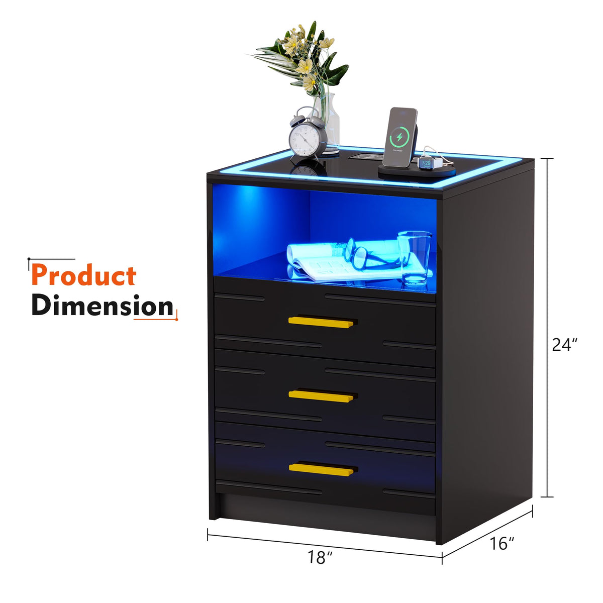 Black Glass Top 3 Drawer Nightstand with Wireless Charging C73953