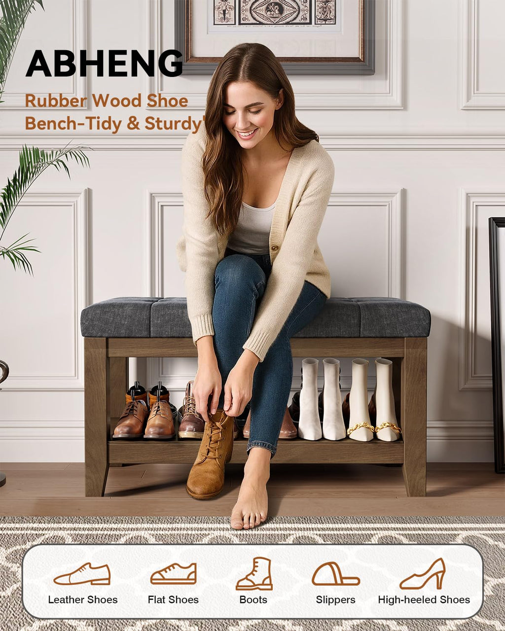 Dark Gray Rubber Wood Chenille Upholstered Shoe Bench O317510