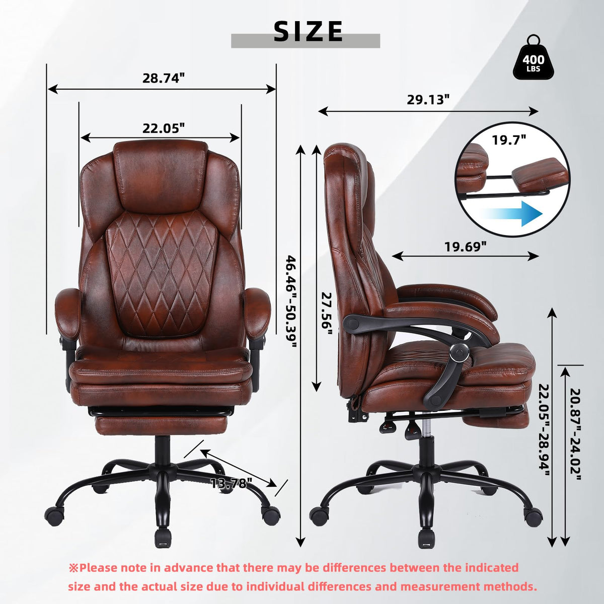 Big and Tall Brown PU Leather Reclining Office Chair with Foot Rest R556