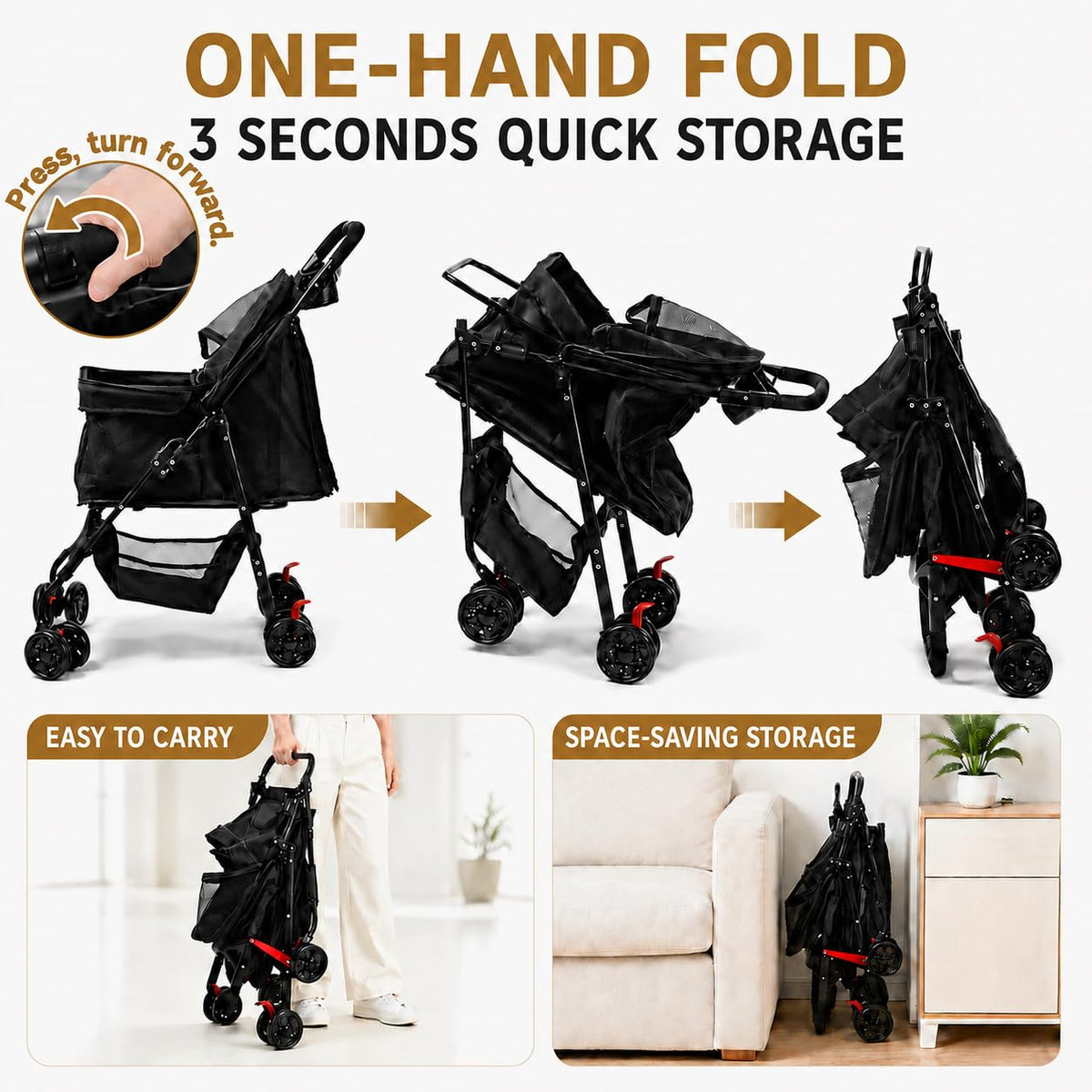 Foldable Dog Stroller with 4 Wheels and Storage Basket Black D6824