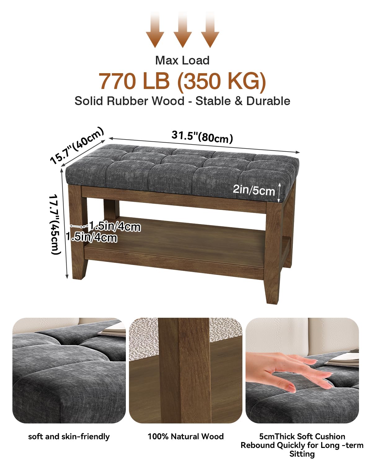 Dark Gray Rubber Wood Chenille Upholstered Shoe Bench O317510