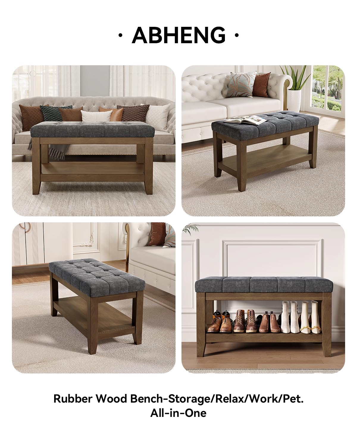 Dark Gray Rubber Wood Chenille Upholstered Shoe Bench O317510