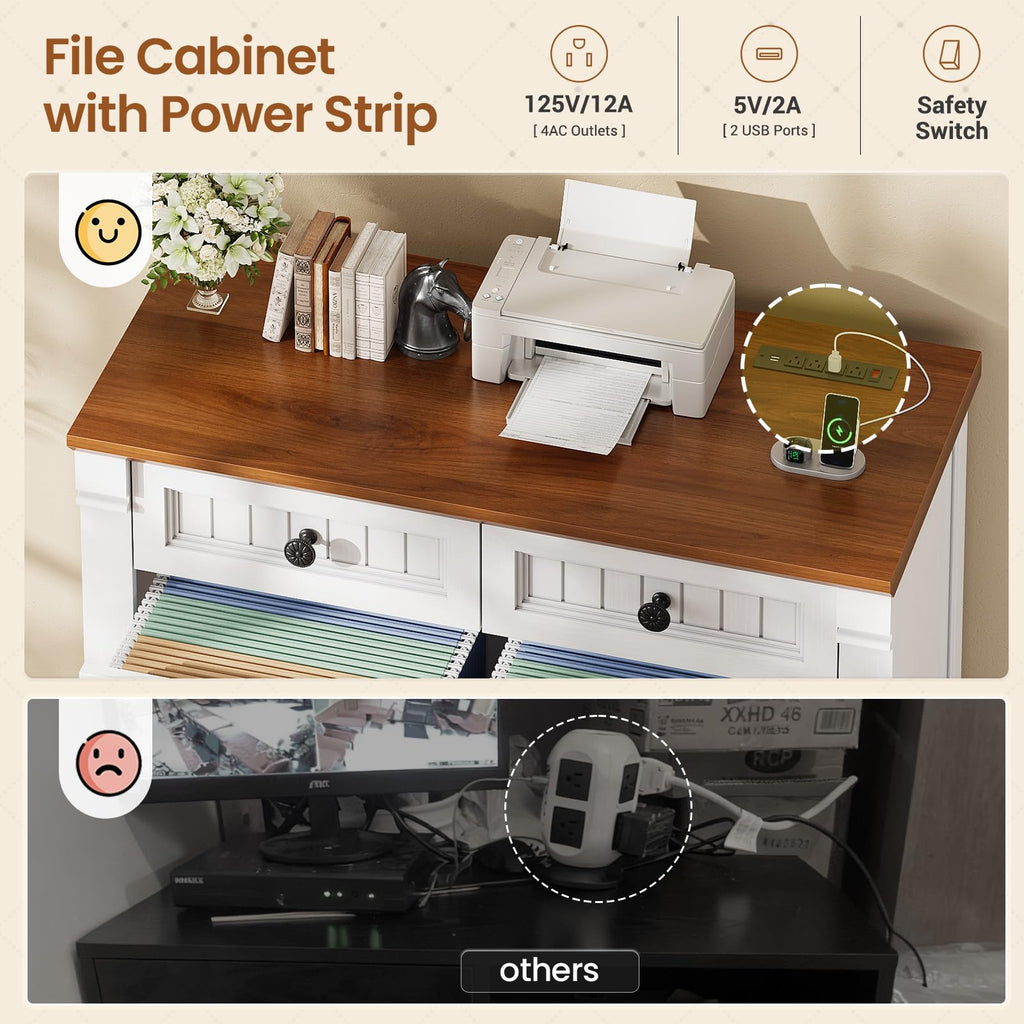 White Brown 4 Drawer Wood File Cabinet with Power Outlets D488