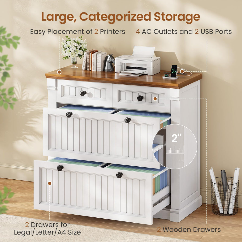 White Brown 4 Drawer Wood File Cabinet with Power Outlets D488