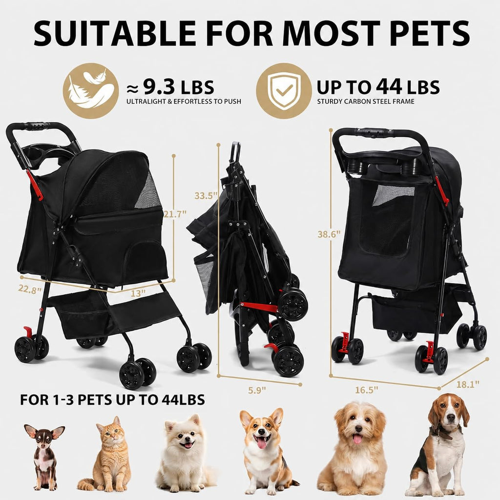 Foldable Dog Stroller with 4 Wheels and Storage Basket Black D6824