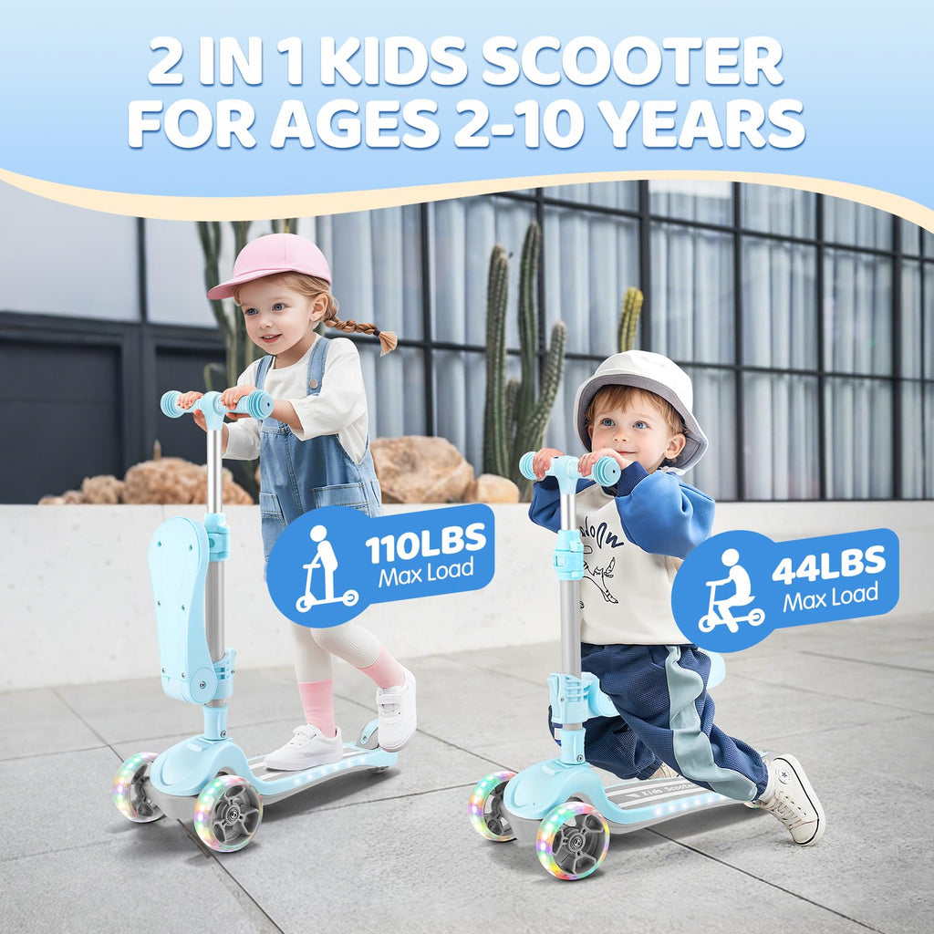 2 in 1 Kids Scooter with Seat, LED Light-Up Wheels, 4 Adjustable Heights U20249