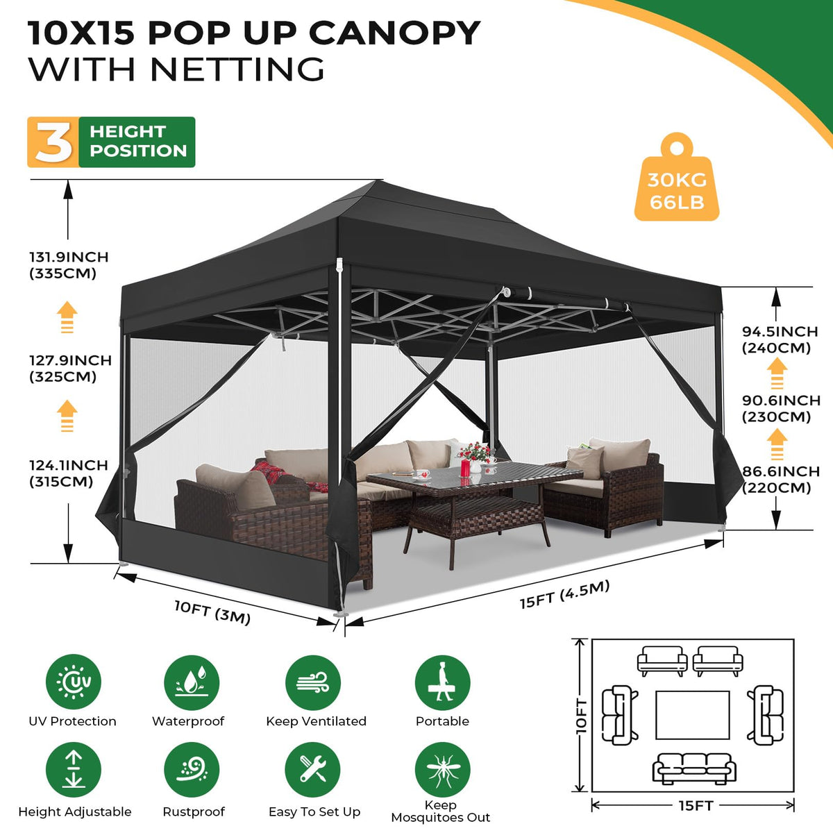 10x15 Heavy Duty Pop Up Canopy with 4 Mosquito Net Sidewalls, Black R1690