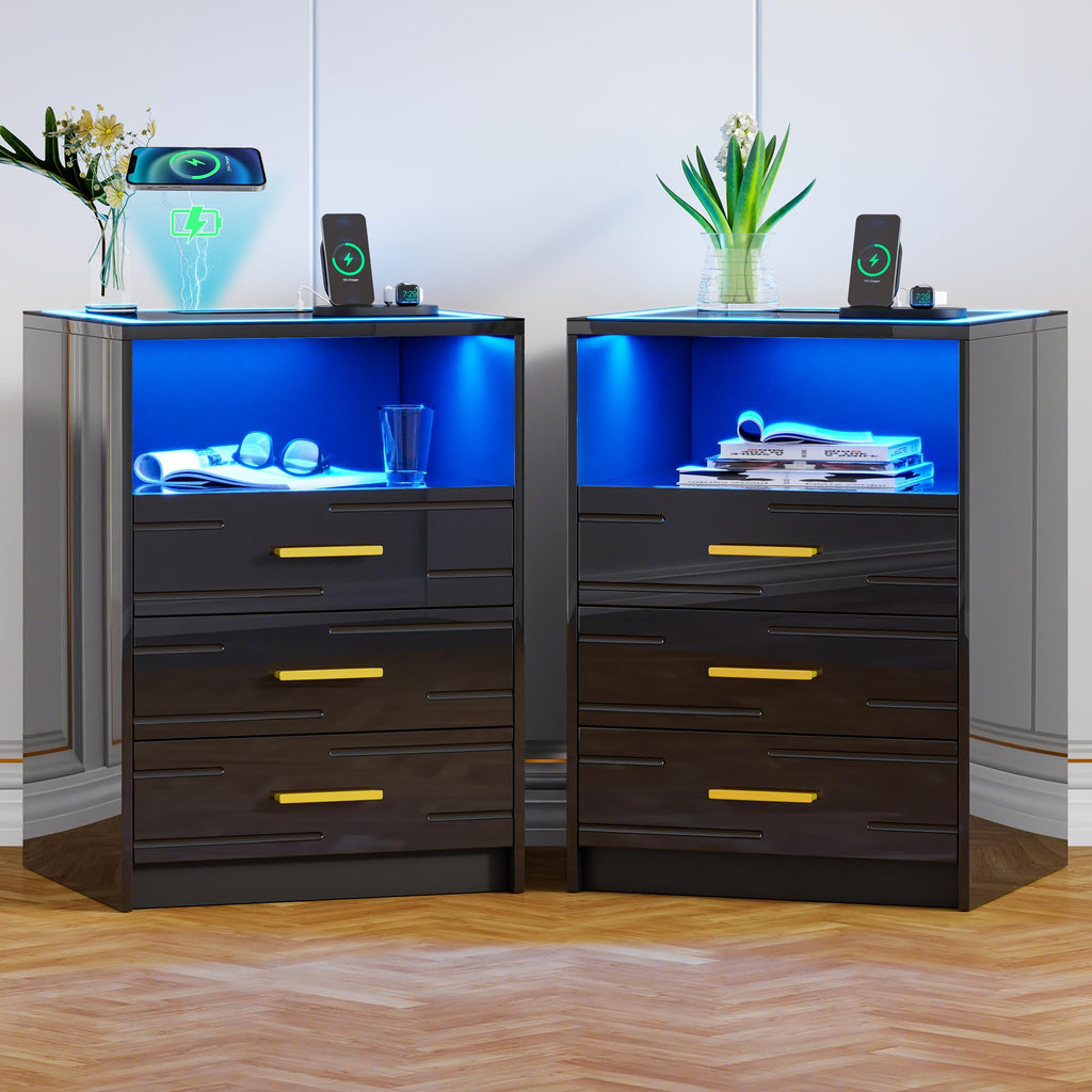 Black Glass Top 3 Drawer Nightstand with Wireless Charging C73953