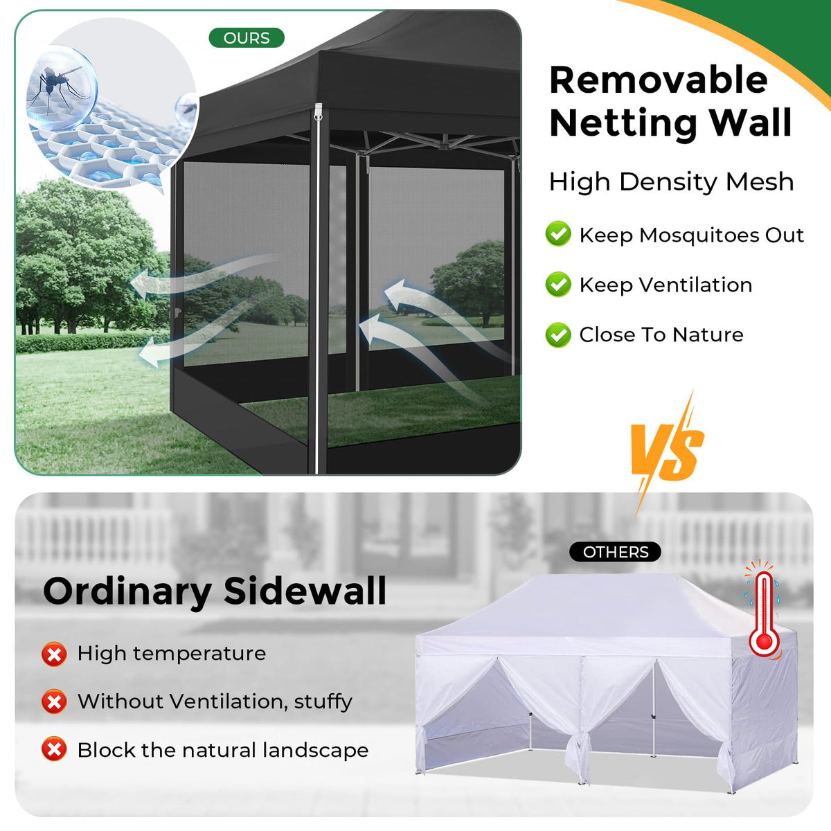 10x15 Heavy Duty Pop Up Canopy with 4 Mosquito Net Sidewalls, Black R1690
