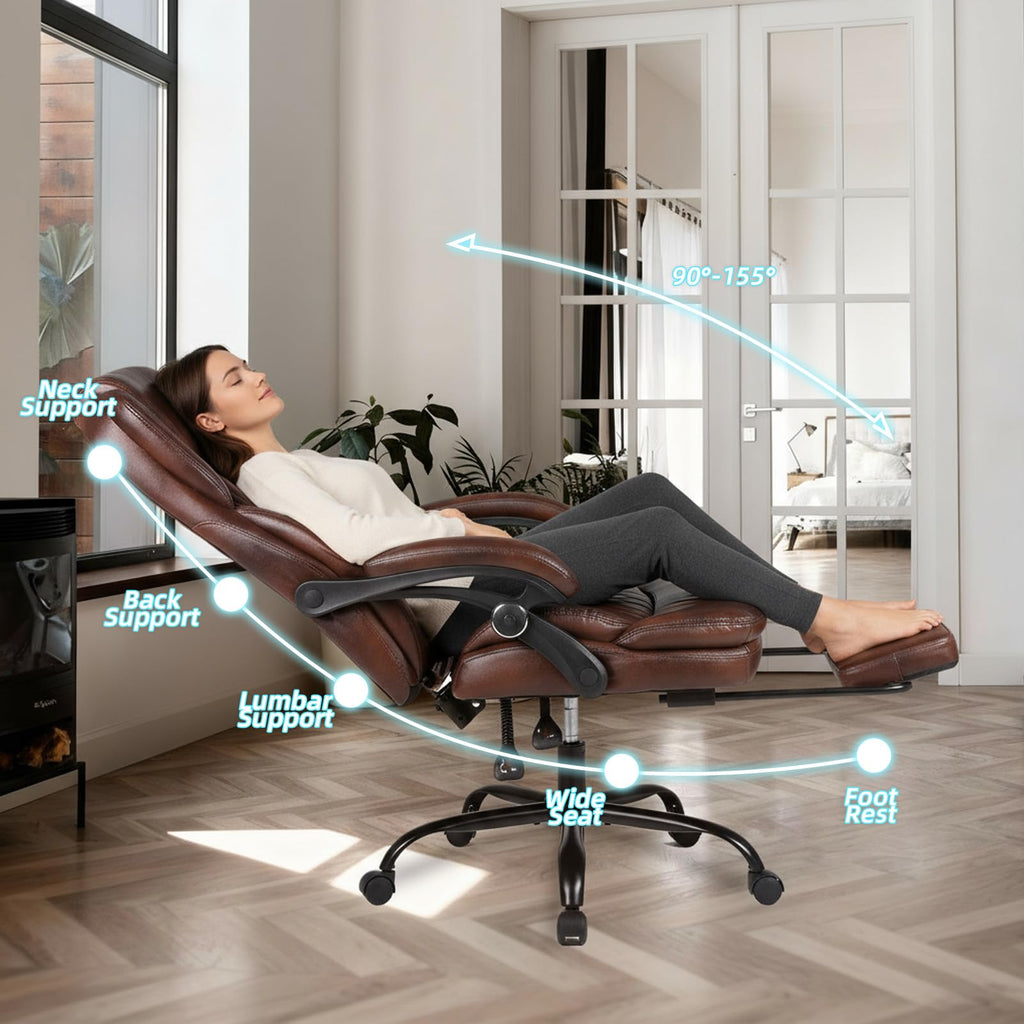 Big and Tall Brown PU Leather Reclining Office Chair with Foot Rest R556