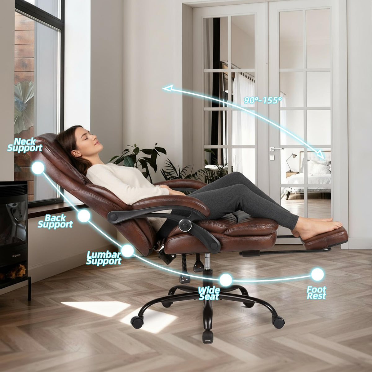 Big and Tall Brown PU Leather Reclining Office Chair with Foot Rest R556