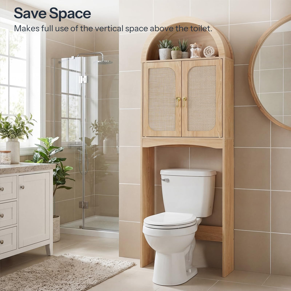 Arched Rattan Over the Toilet Storage Cabinet with Doors Y88286