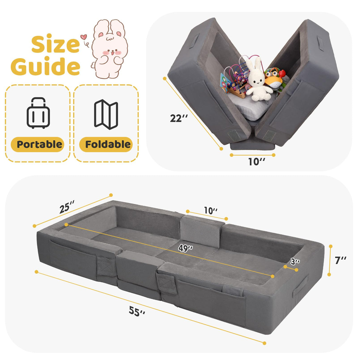 Portable Toddler Travel Bed with Soft Foam Safety Rails I496261