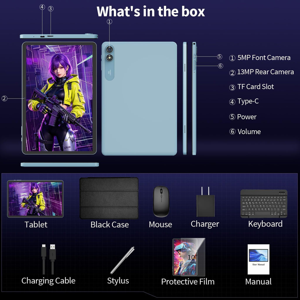Android 16 Tablet 10 inch 32GB 256GB 2TB Expand Black G9564