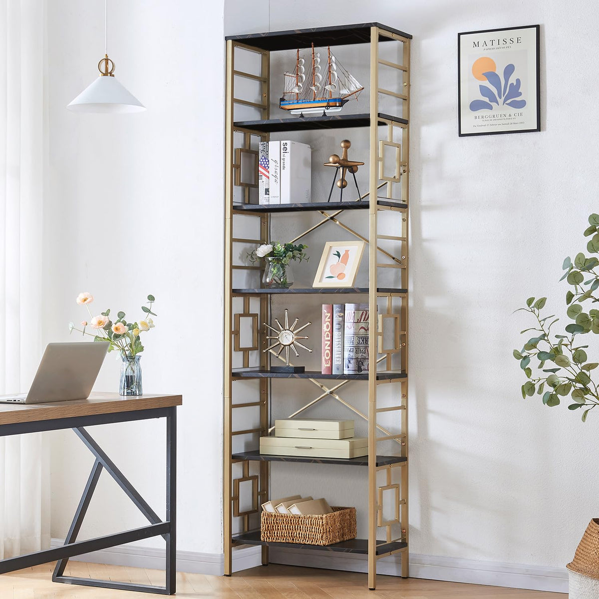 7-Tier Black Gold Metal Bookcase E485