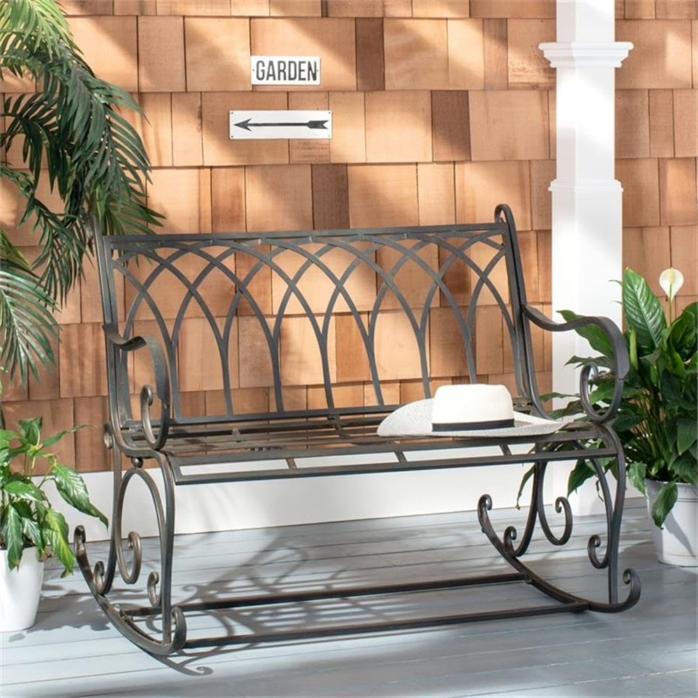 Black Wrought Iron Outdoor Rocking Bench P3545