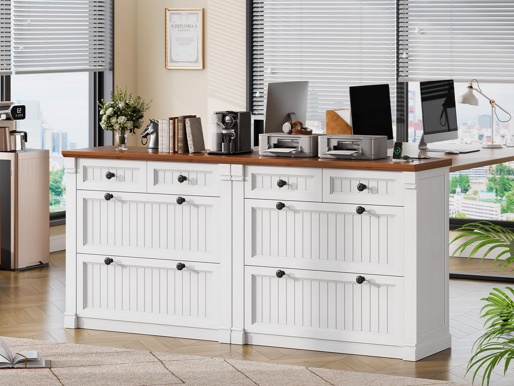 White Brown 4 Drawer Wood File Cabinet with Power Outlets D488
