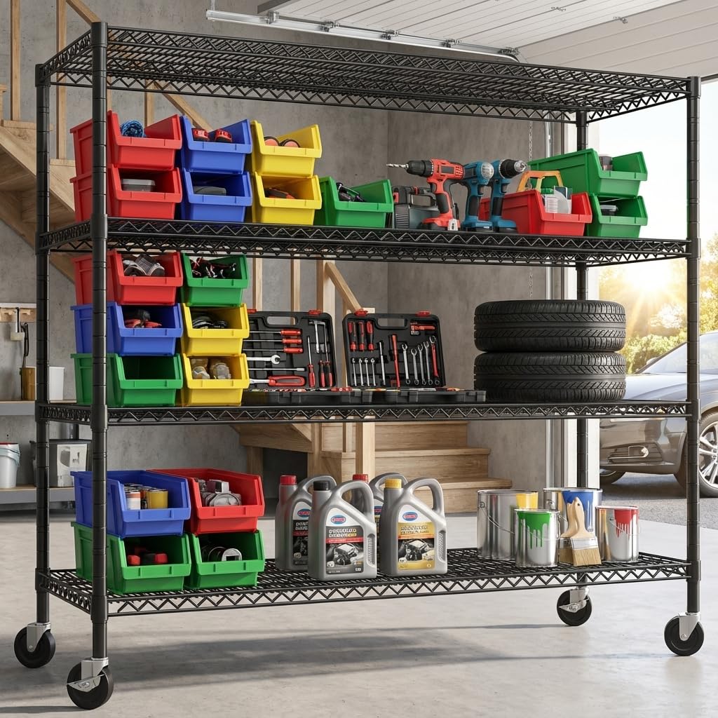 4-Tier Heavy Duty Metal Shelving Unit with Wheels X972