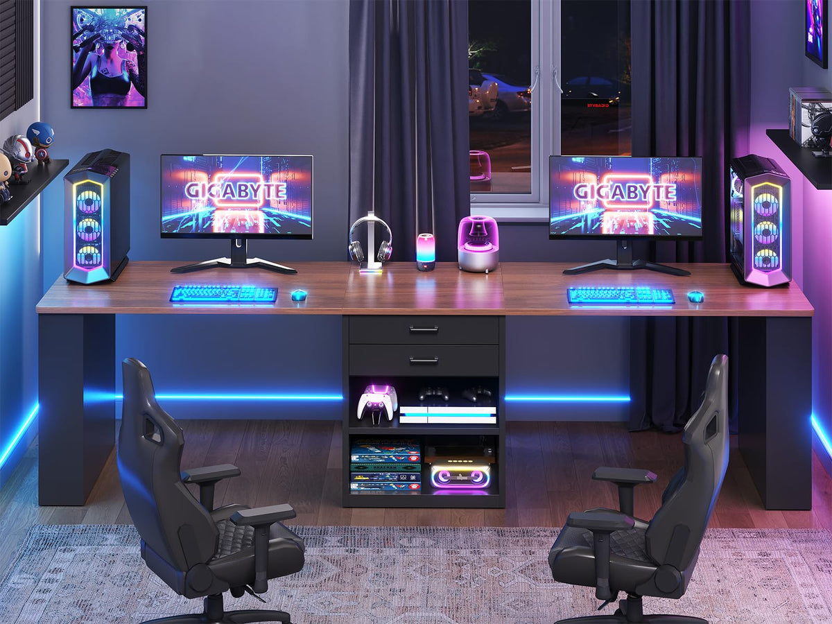 90.5" 2 Person Computer Desk with Storage Drawers Black R347555