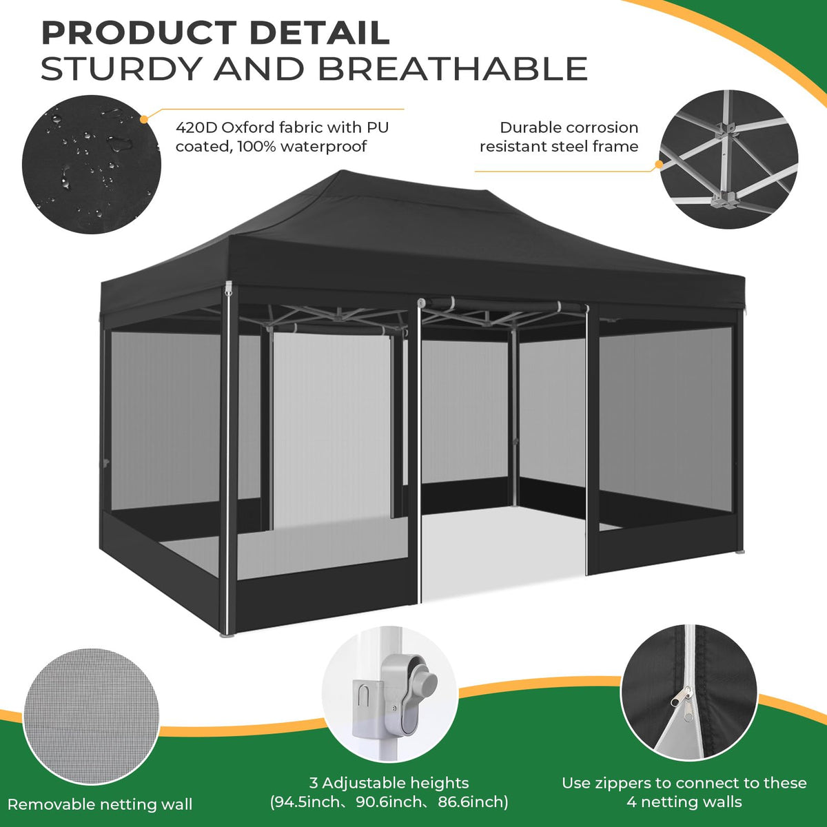 10x15 Heavy Duty Pop Up Canopy with 4 Mosquito Net Sidewalls, Black R1690