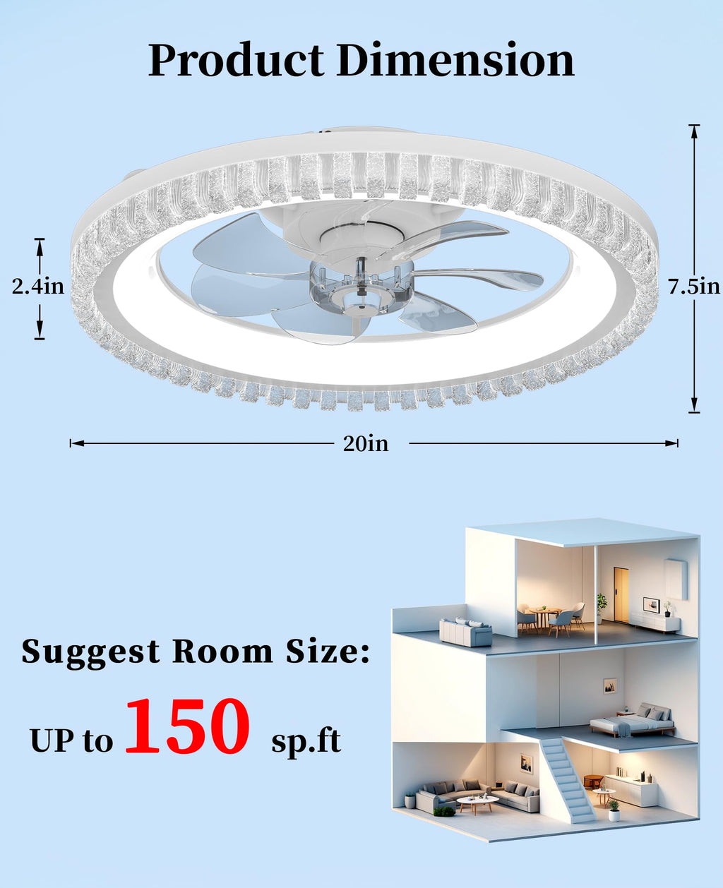 20" White Flush Mount Ceiling Fan with Light H631