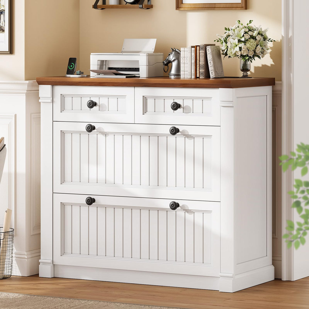 White Brown 4 Drawer Wood File Cabinet with Power Outlets D488