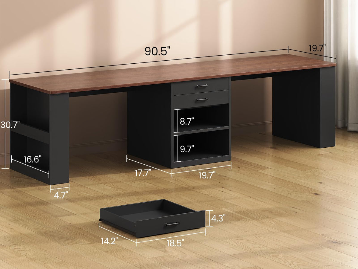 90.5" 2 Person Computer Desk with Storage Drawers Black R347555