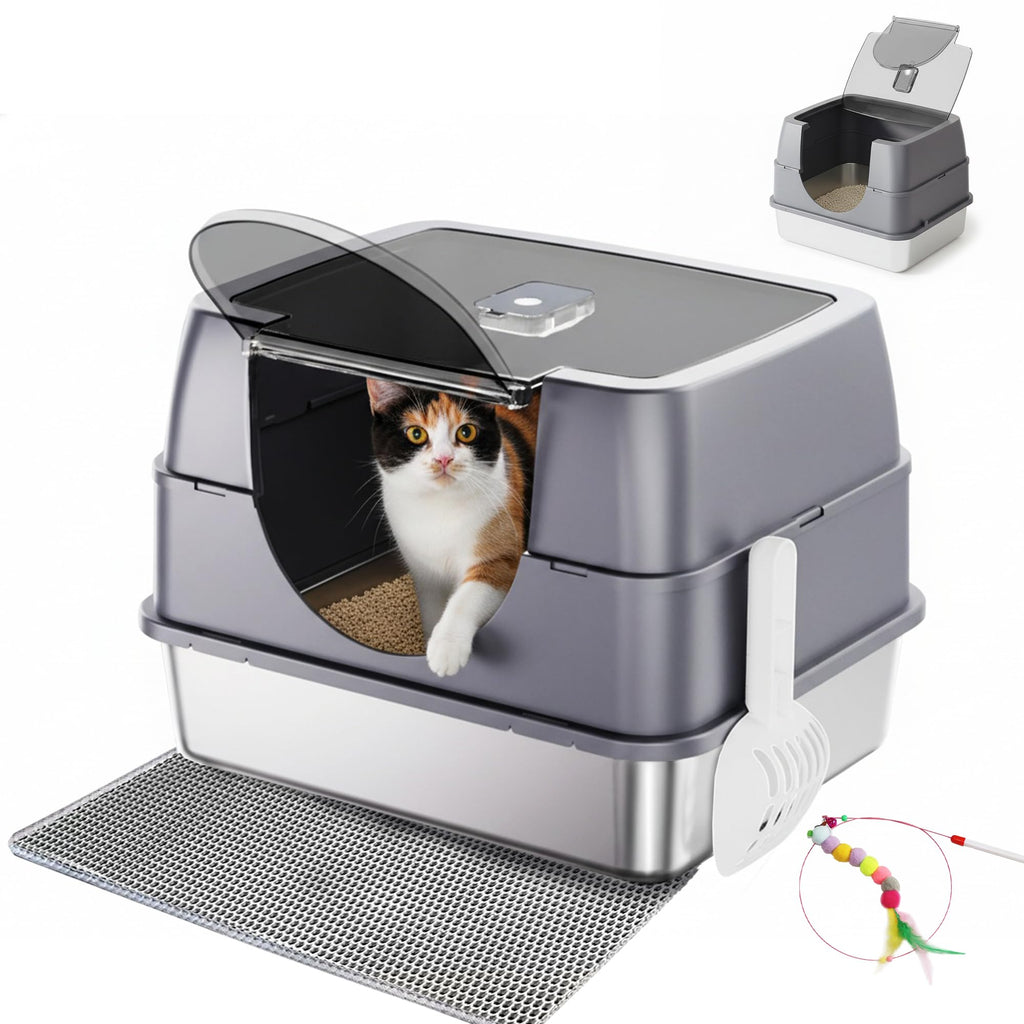 Stainless Steel Enclosed Cat Litter Box with Scoop & Mat X9285