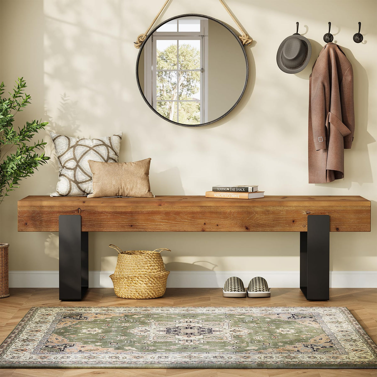 Solid Wooden Entryway Bench with Metal Legs T71925