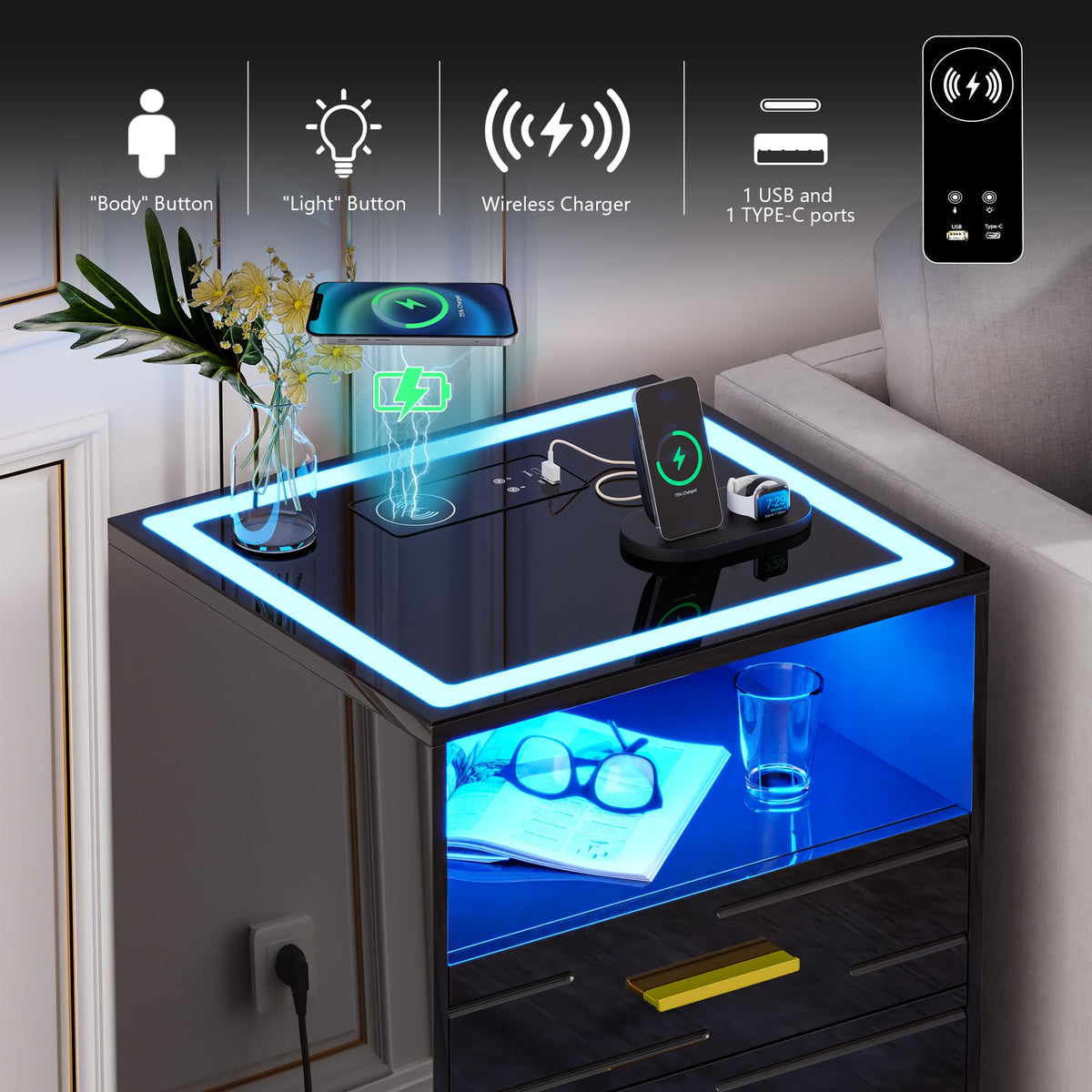 Black Glass Top 3 Drawer Nightstand with Wireless Charging C73953