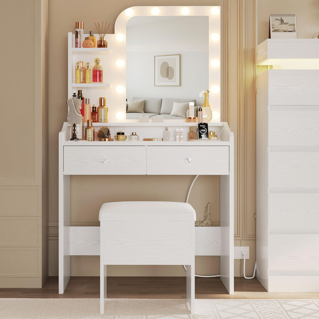 White Vanity Desk with Mirror Lights and Storage Stool D73318