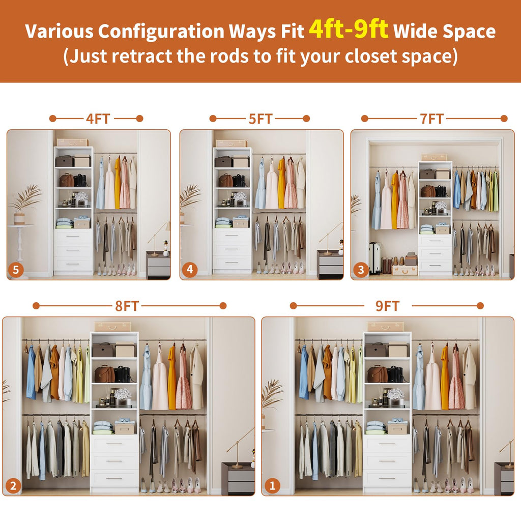 White Closet System with Drawers and Adjustable Shelves H717