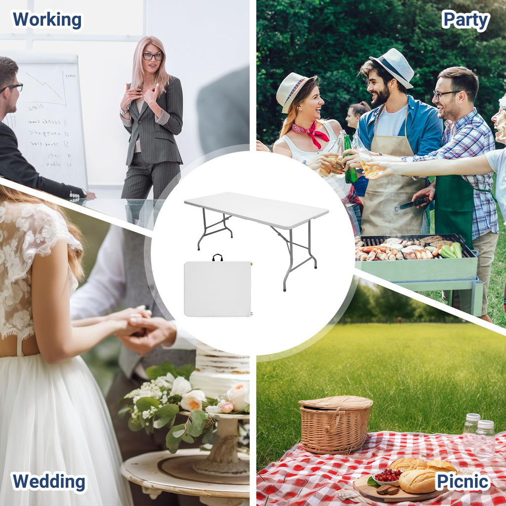 6ft Heavy Duty White Folding Table with Carrying Handle D80693
