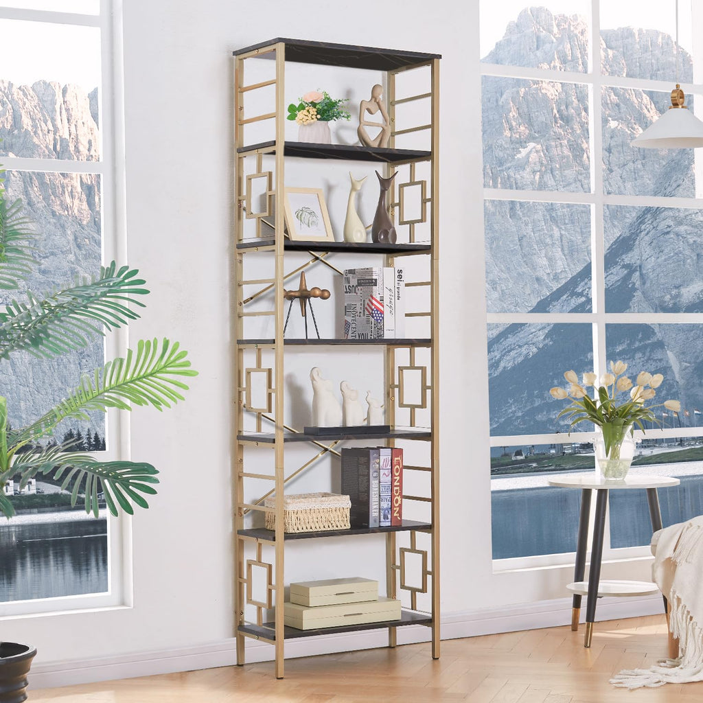 7-Tier Black Gold Metal Bookcase E485