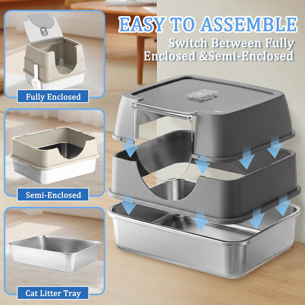 Stainless Steel Enclosed Cat Litter Box with Scoop & Mat X9285