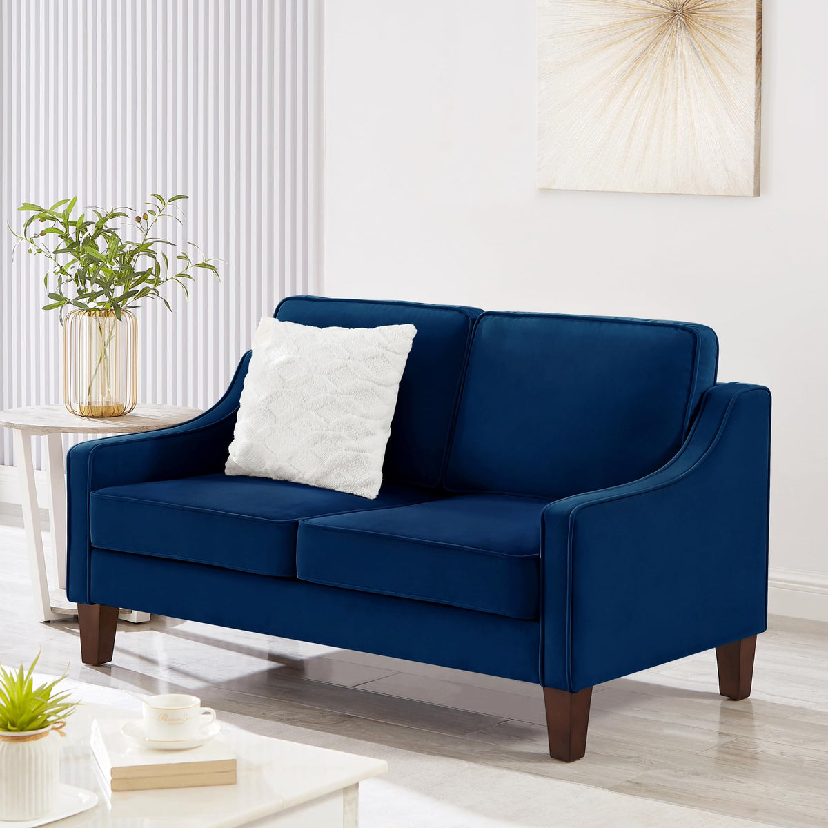 Navy Velvet 2 Seat Loveseat Sofa with Wooden Legs L999