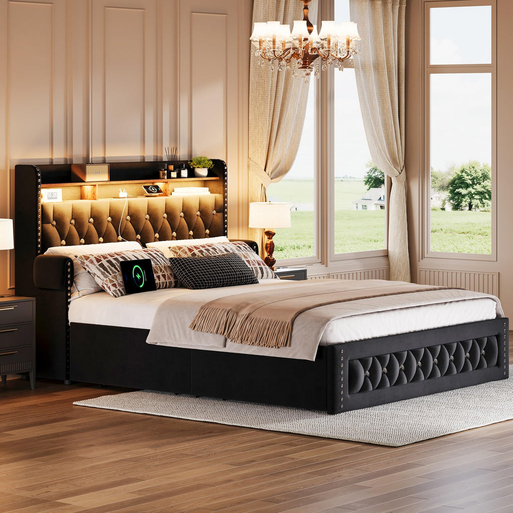 Queen Size Velvet Upholstered Platform Bed with 4 Storage Drawers K843114