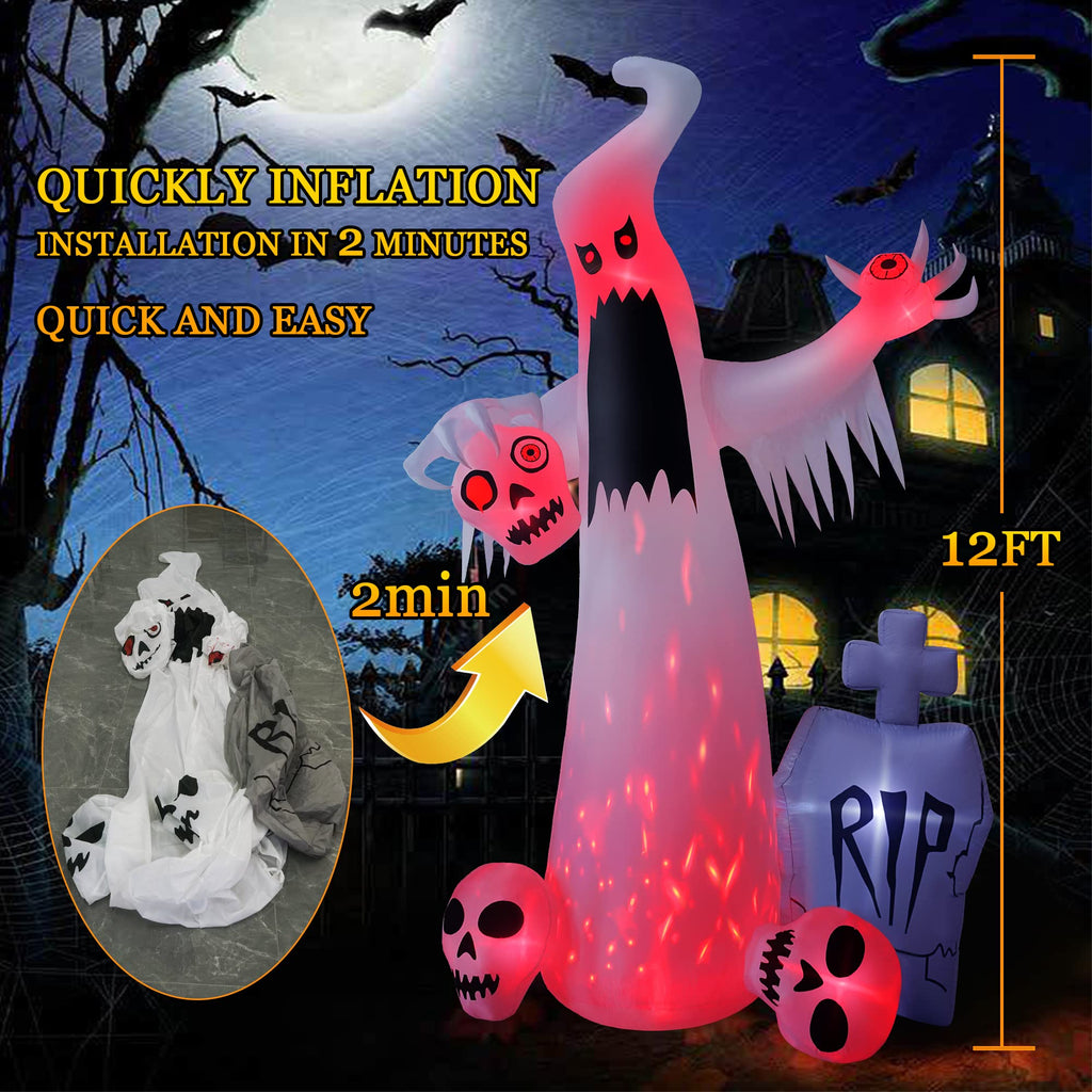 12 FT Halloween Inflatables Ghost with 3 Skulls T126360
