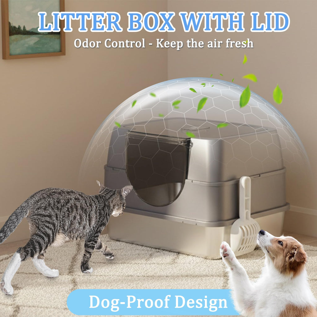 Stainless Steel Enclosed Cat Litter Box with Scoop & Mat X9285