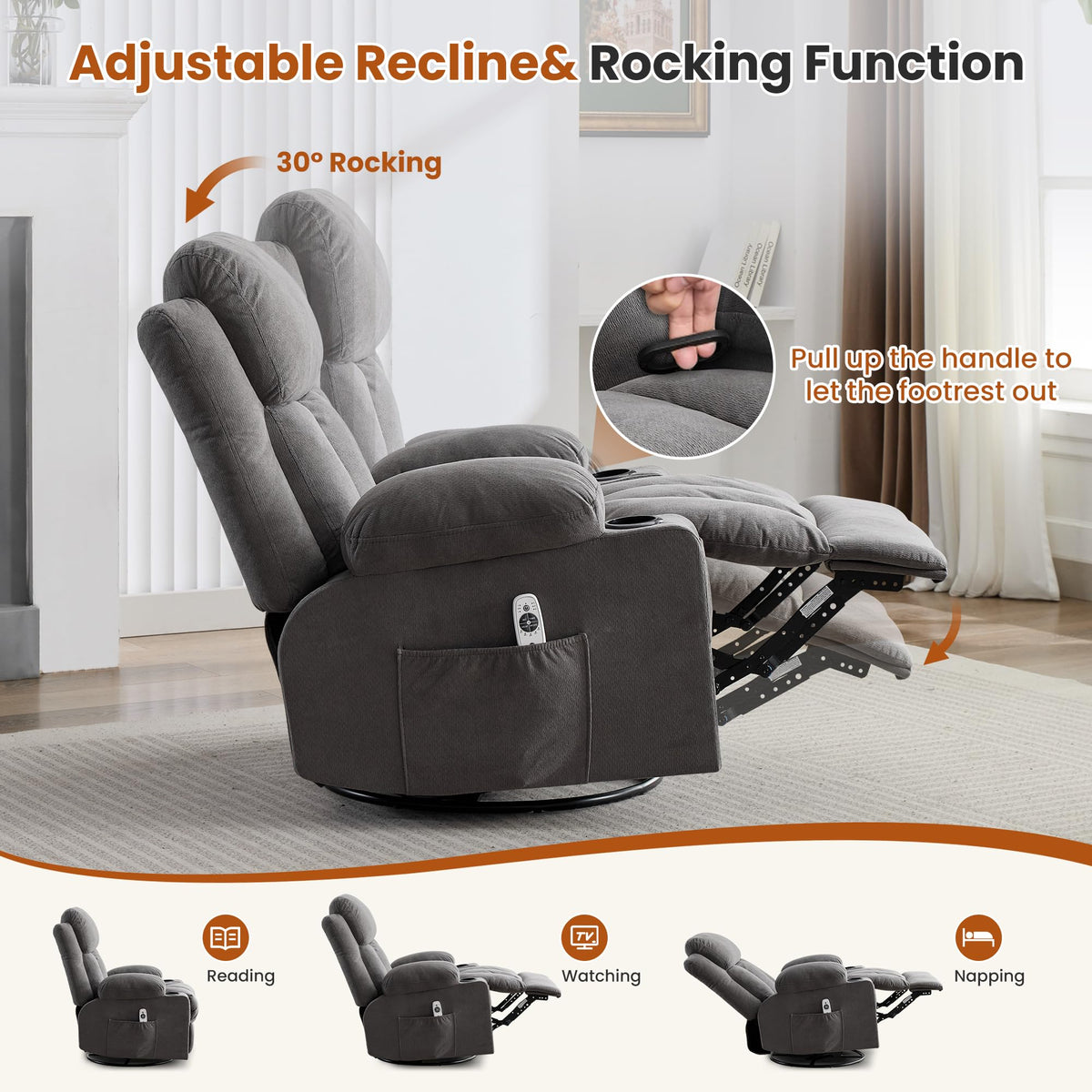 Swivel Rocker Recliner Chair with Massage and Heat E3455
