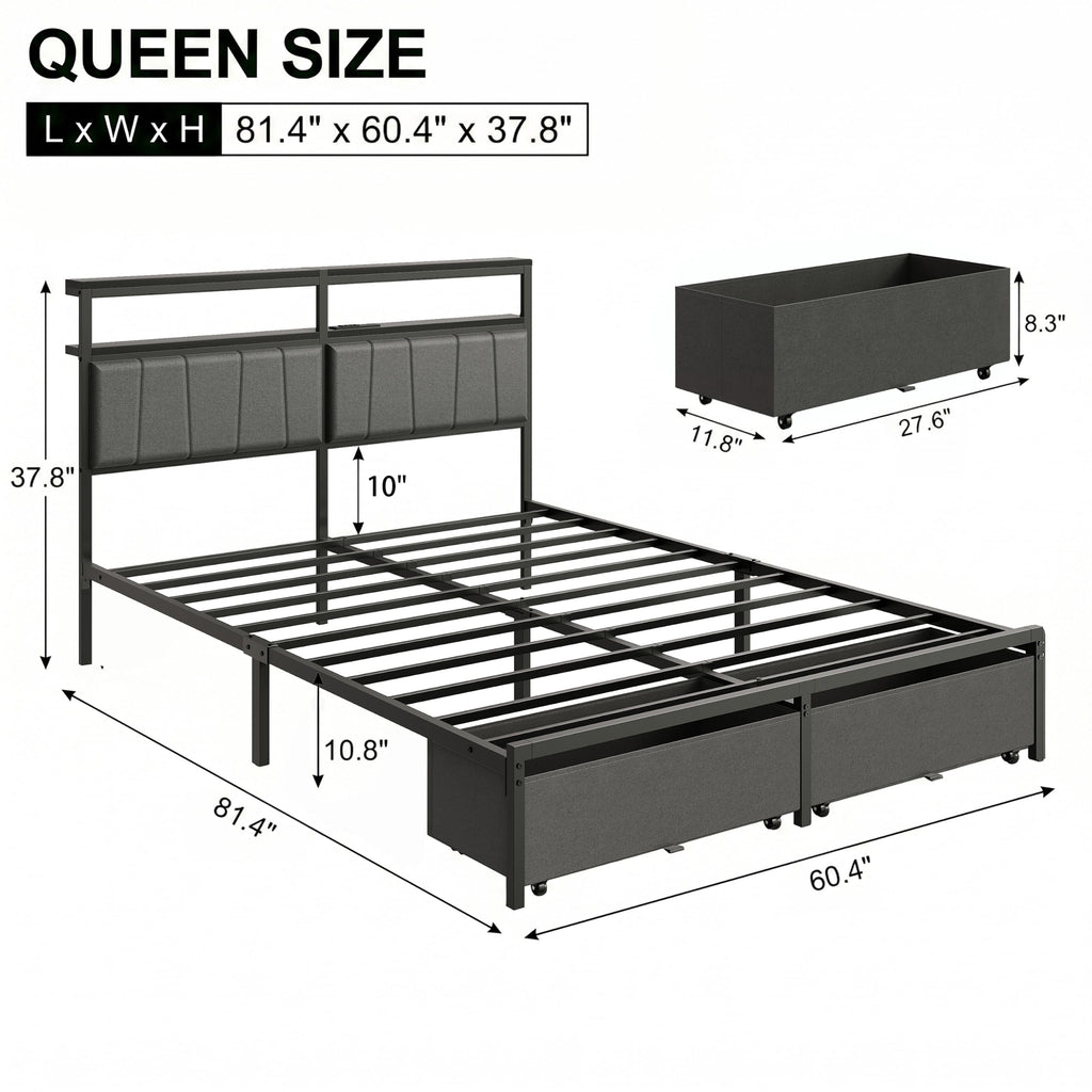 Queen Bed Frame with Storage Drawers and Charging Station X3296
