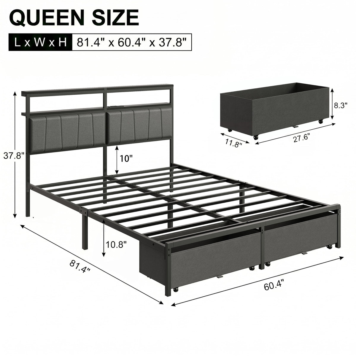 Queen Bed Frame with Storage Drawers and Charging Station X3296