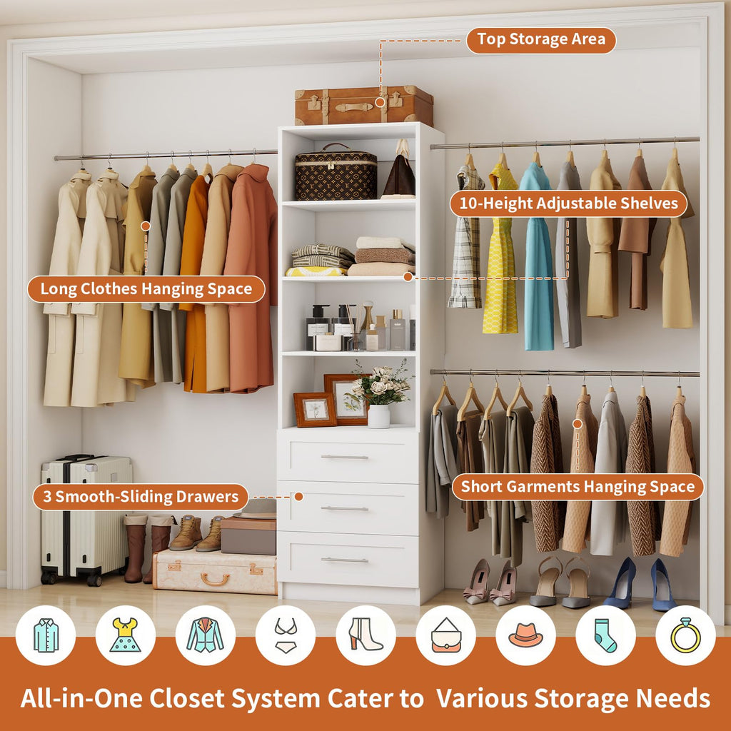 White Closet System with Drawers and Adjustable Shelves H717