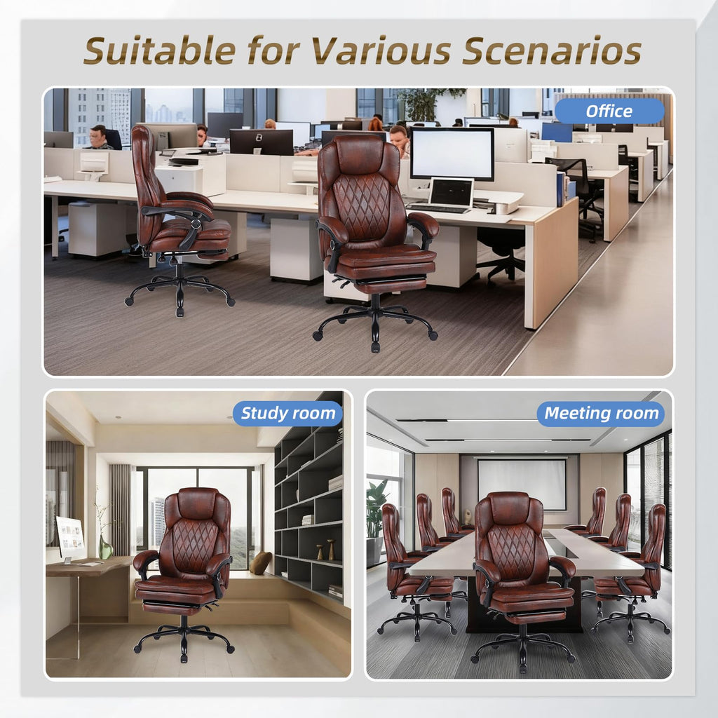 Big and Tall Brown PU Leather Reclining Office Chair with Foot Rest R556