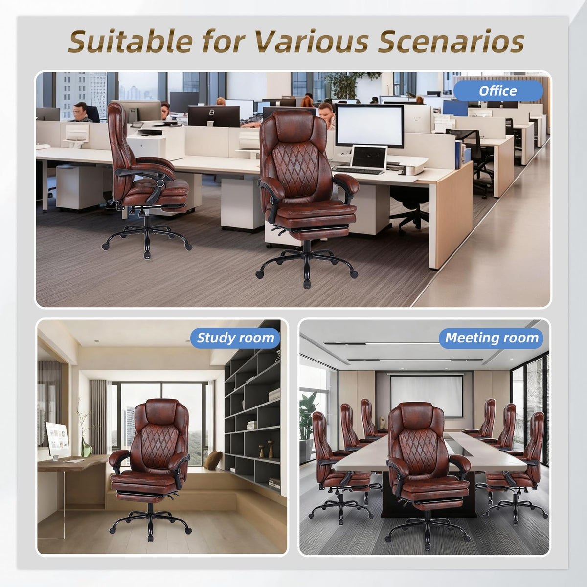 Big and Tall Brown PU Leather Reclining Office Chair with Foot Rest R556